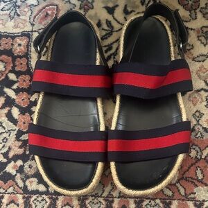Gucci Web Navy Red Double Strap Espadrilles Men’s Slide Sandals Size 11 G 12US